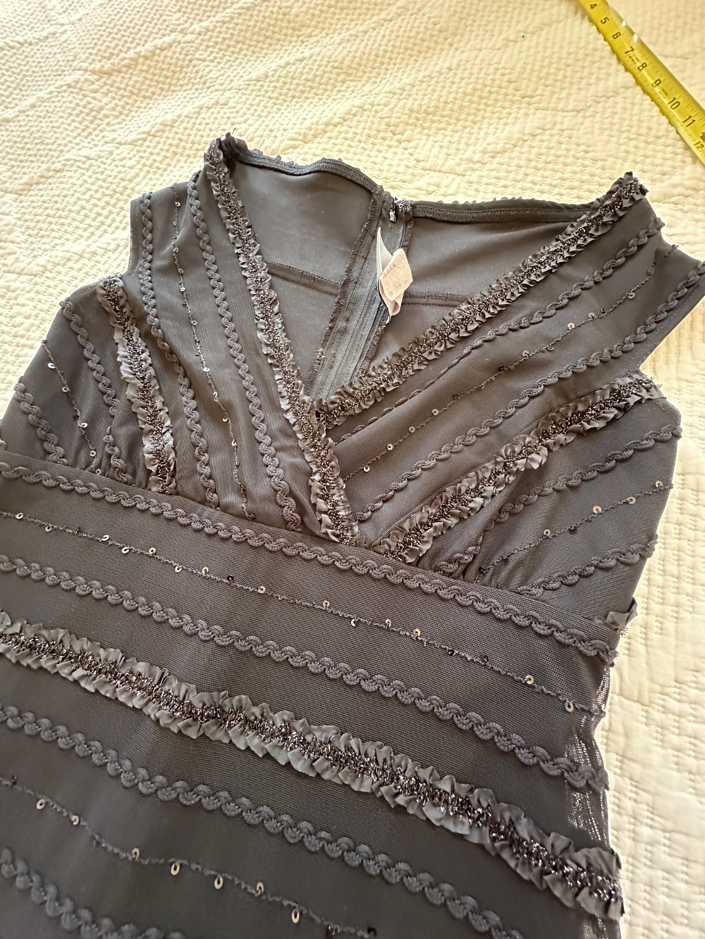 Tadashi Shoji Charcoal Gray Midi Dress with Textured Trim